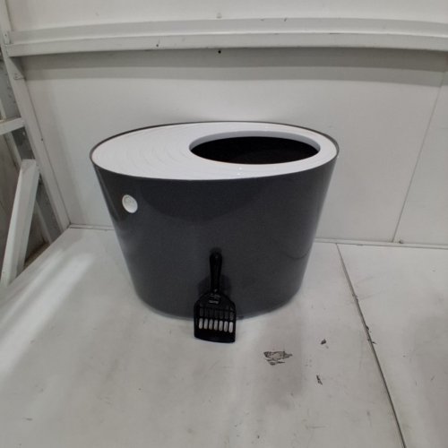 IRIS USA ROUND LID TOP ENTRY CAT LITTER BOX WITH SCOOP- GREY AND WHITE (MODEL: 586965) image 2