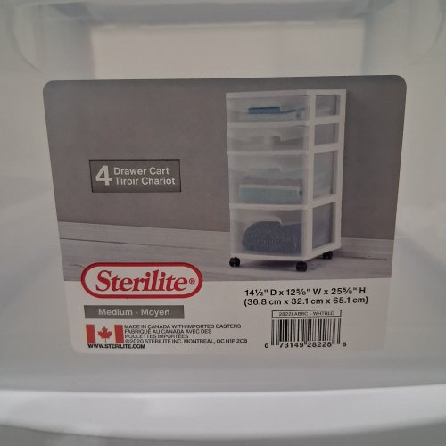 STERILITE BASIC 4-DRAWER CART TOWER WITH WHEELS - 24" X 14" - WHITE (MODEL: 2822LAB8C-WHTBLC) image 2