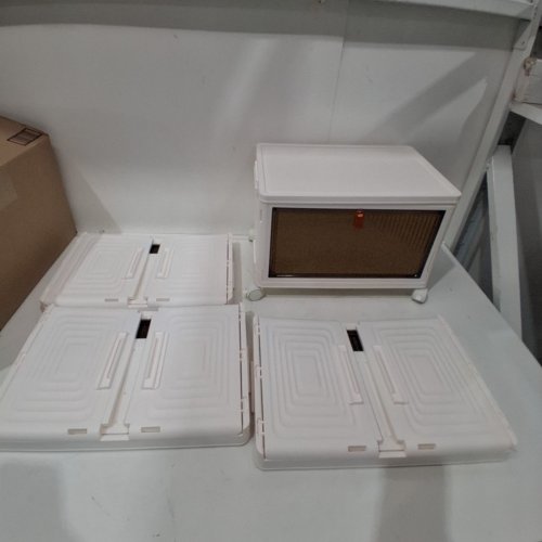 4-TIER STACKABLE FOLDABLE MODULAR TRAVEL SHOE STORAGE BOX SHELF WITH CASTERS - 14" X 10" PER SHELF - WHITE/BROWN image 2