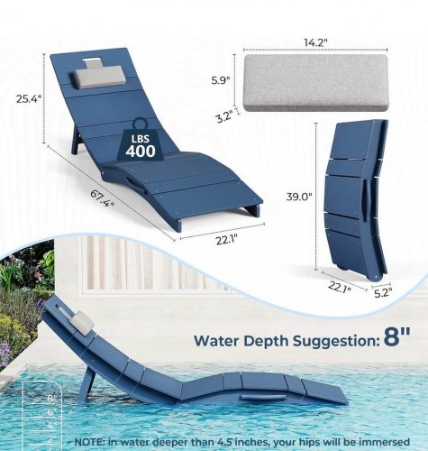 WEATHER RESISTANT OUTDOOR FOLDING POOL LOUNGE CHAIR WITH PILLOW - 67" X 22" - BLUE - (MODEL: AJ2-AM557803_5) image 2