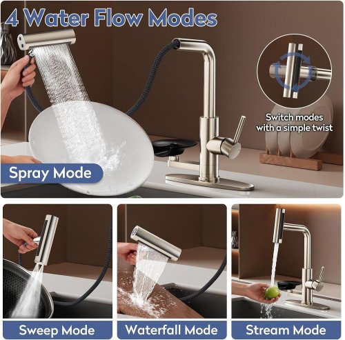 SINGSUO PULL-DOWN KITCHEN FAUCET WITH GLASS RINSER - BRUSHED NICKEL (MODEL: LSKX31X) image 2