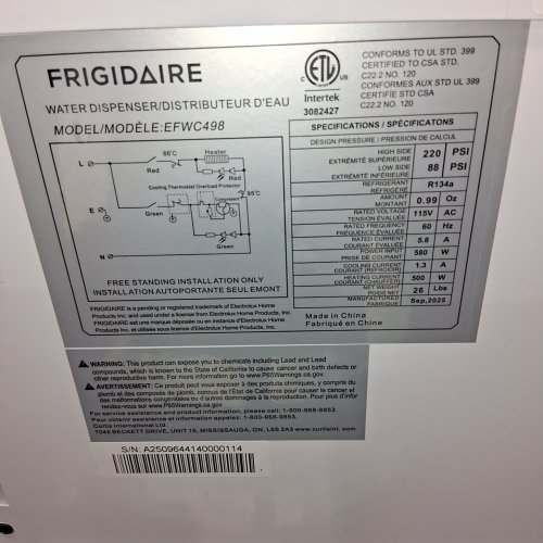 FRIGIDAIRE TOP-LOAD WATER COOLER/DISPENSER - FITS 3-5 GALLON BOTTLES - WHITE (MODEL: EFWC498) image 3