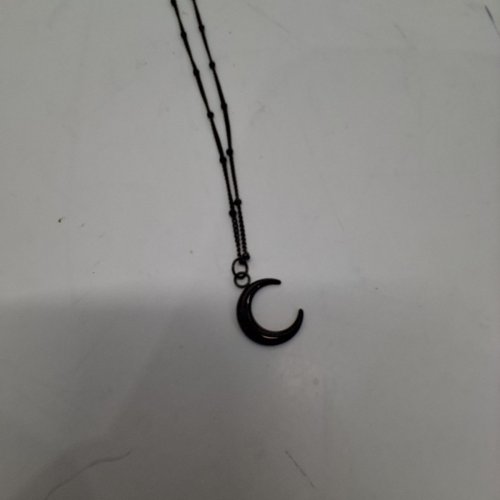 PLAIN HALF-MOON PENDANT BEADED CHAIN NECKLACE - 20" - 22"/15 MM PENDANT - BLACK image 3