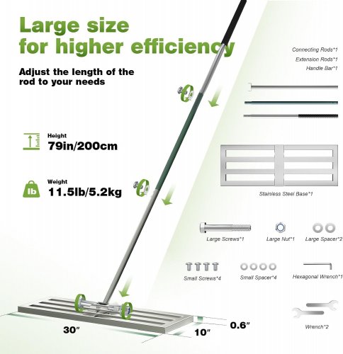 TAIYUANSHI STAINLESS STEEL LAWN LEVELING RAKE - 30" X 10" - 79" - SILVER image 2