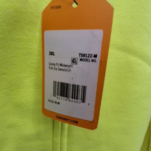 MEN'S CARHARTT LOOSE FIT MIDWEIGHT FULL ZIP - 3XL- BRITE LIME (STYLE: TS0122-M ) image 3