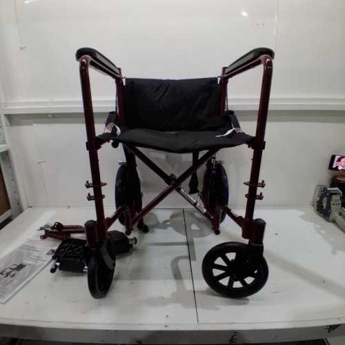 MEDLINE BASIC ALUMINUM TRANSPORT WHEELCHAIR - 19" - 12" REAR WHEELS WITH BRAKES - 300LBS CAPACITY - RED (MODEL: MDS808210ARE) image 2