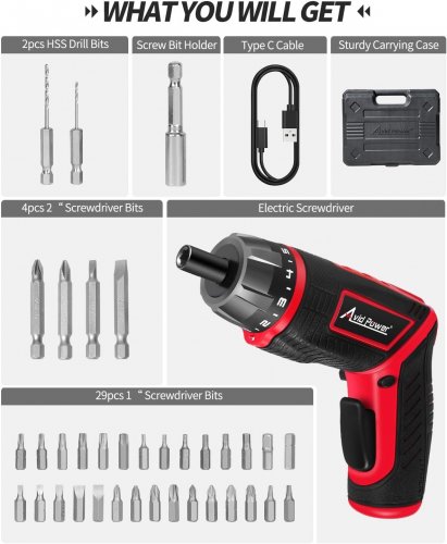 38PC AVID POWER CORDLESS SCREWDRIVER - 4 V, 200 RPM, 1/4" CHUCK - RED & BLACK (MODEL: ACSD368) image 2