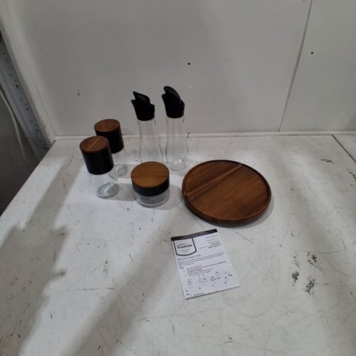 6PC TRUDEAU SEASONING STATION WITH LAZY SUSAN, 2 OIL BOTTLES, 2 GRINDERS, AND 1 JAR (MODEL: 1796149) image 2