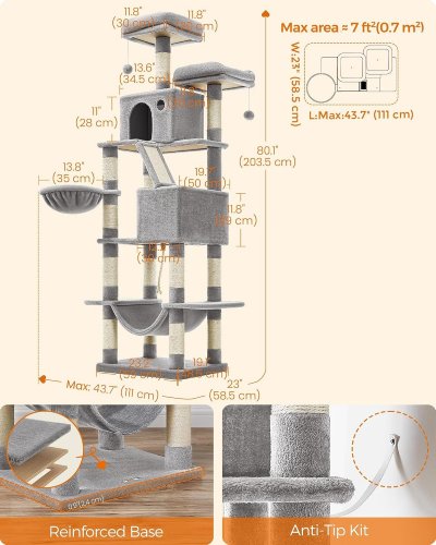 FEANDREA CAT TREE LARGE CAT TOWER CONDO WITH 2 CAVES -80" - GREY - (MODEL: PCT190W01V1) image 2