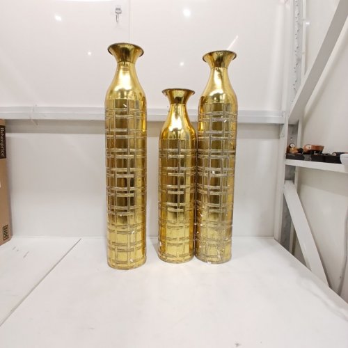 3PC TALL DISTRESSED METALLIC DECORATIVE VASE WITH ETCHED GRID PATTERN - GOLD (MODEL;70135) image 3