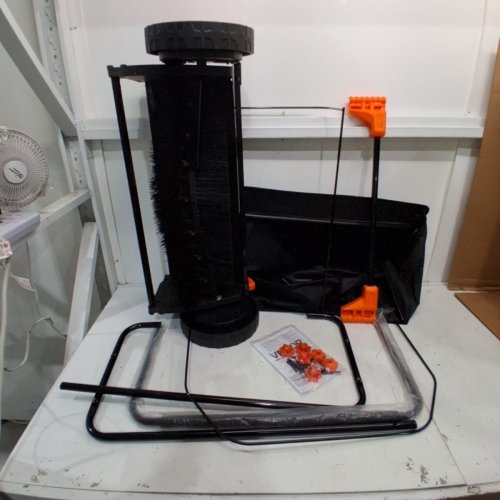PUSH LAWN SWEEPER WITH HOPPER BAG, ADJUSTABLE BRUSH HEIGHT & SPINNING BRUSHES, HEAVY DUTY YARD SWEEPER WITH RUBBER WHEELS- 26 IN LEAF & GRASS COLLECTOR WITH 7 CU. FT. - ORANGE/BLACK-(MODEL: S19-002A) image 2