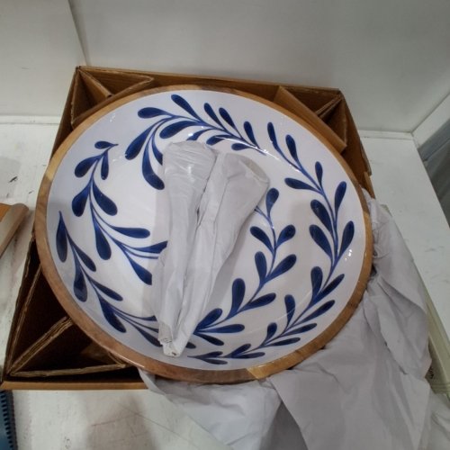 3PC MAISON NEUVE TULA ENAMELLED MANGO WOOD SALAD BOWL AND SERVER UTENSIL SET - 17.3" - NATURAL WOOD/WHITE/BLUE (MODEL: 1979442) image 2