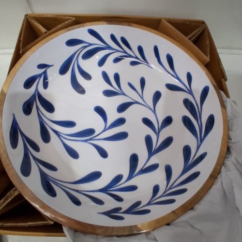 3PC MAISON NEUVE TULA ENAMELLED MANGO WOOD SALAD BOWL AND SERVER UTENSIL SET - 17.3" - NATURAL WOOD/WHITE/BLUE (MODEL: 1979442) image 3