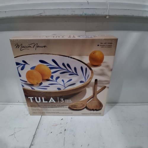 3PC MAISON NEUVE TULA ENAMELLED MANGO WOOD SALAD BOWL AND SERVER UTENSIL SET - 17.3" - NATURAL WOOD/WHITE/BLUE (MODEL: 1979442) image 4