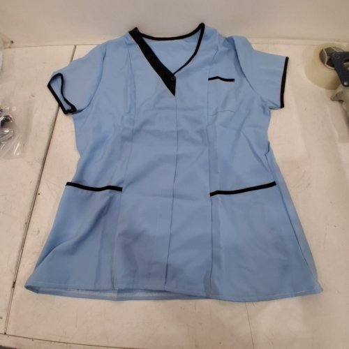 WOMEN'S NURSING TUNIC V-NECK SHORT SLEEVE SCRUB TOP- SMALL - BLUE image 2