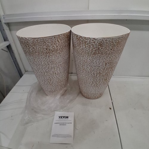 2PK TALL ROUND GEOMETRIC PLANTERS POTS WITH STONE FINISH - 21" - WHITE/GOLD (MODEL: KD8853) image 2