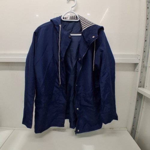 WOMEN'S BMISEGM RAIN JACKET WINDBREAKER WITH DRAWSTRING HOOD - LARGE - NAVY BLUE/BLACK WHITE STRIPES image 2