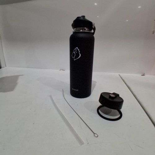 BUZIO REUSABLE BPA FREE STAINLESS STEEL WIDE MOUTH WATER BOTTLE WITH 2 STRAWS, FLEX CAP, AND STRAW CLEANER - 40OZ - BLACK image 2