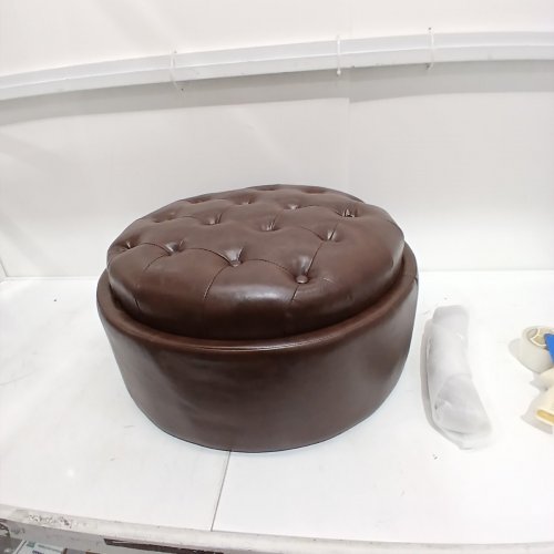 COLAMY LEATHER ROUND STORAGE OTTOMAN WITH REVERSIBLE TRAY LID -25" - BROWN (MODEL: K311) image 2