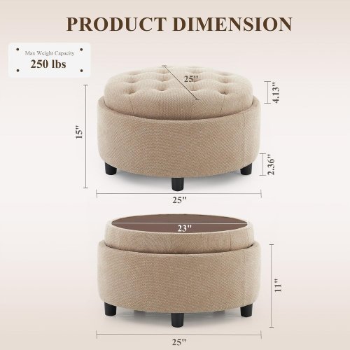 COLAMY FABRIC ROUND STORAGE OTTOMAN WITH REVERSIBLE TRAY LID - 25" - CAMEL (MODEL:VC-K311-CAM) image 2
