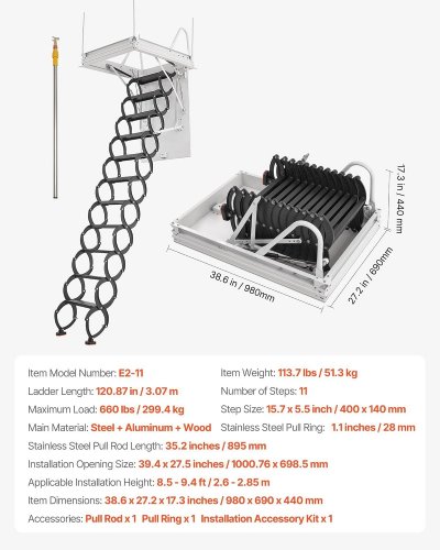 VEVOR CEILING HEIGHT RETRACTABLE 9.2FT ATTIC LADDER (MODEL: E2-11) image 2