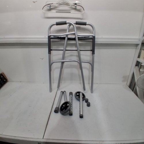 MEDLINE 2 BUTTON FOLDING PORTABLE WALKER WITH 5'' WHEELS & ADJUSTABLE HEIGHT - 300LBS CAPACITY - SILVER (MODEL: MDS86410W54H) image 2