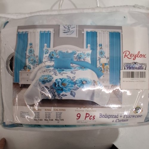 9PC FLORAL BEDSPREAD SET WITH PILLOWCASES AND CURTAINS - CALIFORNIA KING BEDSPREAD 92" X 106" - BLUE AND WHITE FLORAL (STYLE: NO. 135) image 2