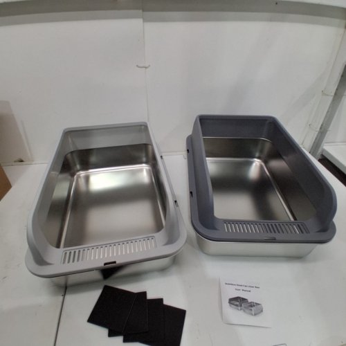 2PK HIGH SIDED ENCLOSED METAL CAT LITTER BOX WITH LID - 19" X 14" X 6" - LIGHT GREY/NAVY BLUE/SILVER (MODEL: XM-2PS) image 3