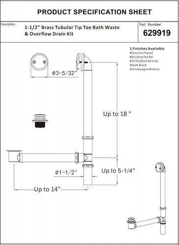 TUBULAR BATH DRAIN KIT WITH TIP-TOE BATH DRAIN STOPPER - 18" - POLISHED BRASS image 2