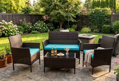 4PC COSTWAY OUTDOOR WICKER RATTAN PATIO FURNITURE SET - 2 CHAIRS, SOFA, & COFFEE TABLE - DARK BROWN W/ TURQUOISE CUSHIONS (MODEL: HW75200TU) image 2