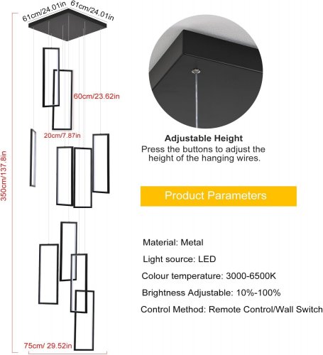 GEADI HIGH-CELING HANGING 10-LIGHT PENDANT CHANDELIER WITH ADJUSTABLE HEIGHT & BRIGHTNESS - 138" MAX HEIGHT, 6500K, 170W - BLACK - (MODEL: 1011) image 2