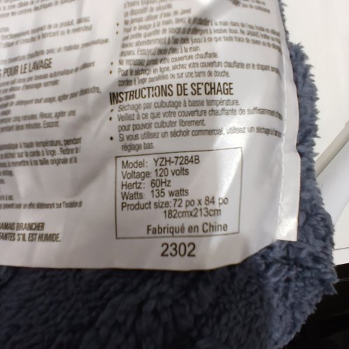 ELECTRIC HEATED BLANKET - 72" X 84" - 120V, 135W - NAVY AND WHITE (MODEL: YZH-7284B) image 3