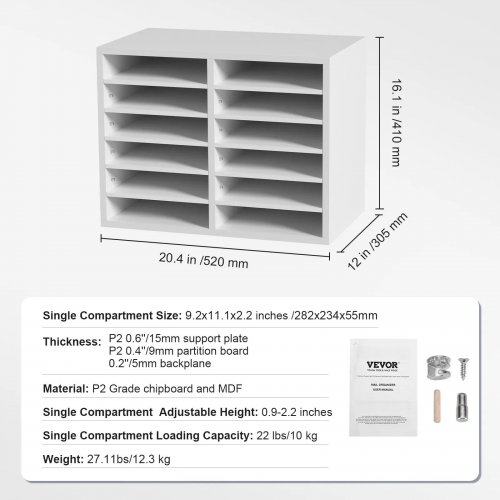 VEVOR 12-COMPARTMENT LITERATURE ORGANIZER WITH ADJUSTABLE SHELVES - 20" X 12" X 16" - WHITE (MODEL: ZD-26WJG06) image 2