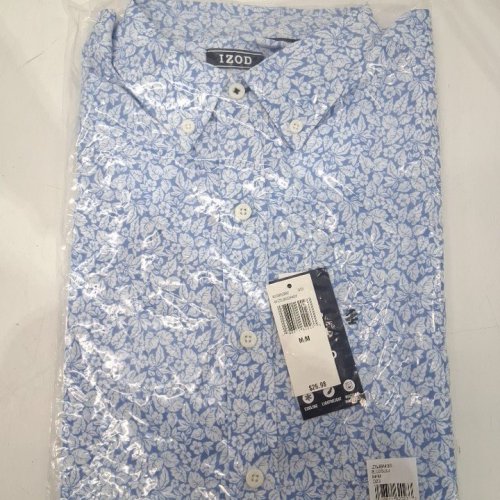 MEN'S IZOD FLORAL BUTTON-DOWN SHORT SLEEVE SHIRT - MEDIUM - BLUE/WHITE image 2