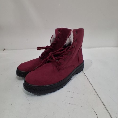 WOMEN'S FUR-LINED LACE-UP ANKLE BOOTS WITH LUG SOLE - SIZE 7.5 - BURGUNDY image 2