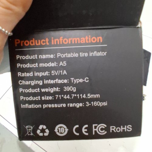 PORTABLE BIKE TIRE INFLATOR - 5 V/1A, 3-160 PSI - BLACK / ORANGE (MODEL: A5) image 3