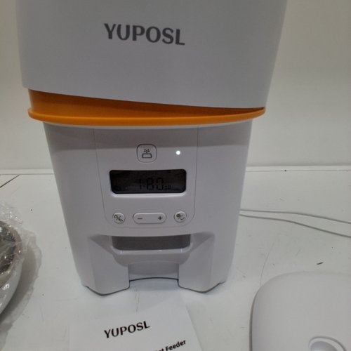 YUPOSL AUTOMATIC CAT FEEDER FOOD DISPENSER WITH ANTI-JAM DESIGN AND STAINLESS STEEL BOWL - 3L - WHITE/ORANGE (MODEL: YPF01) image 2