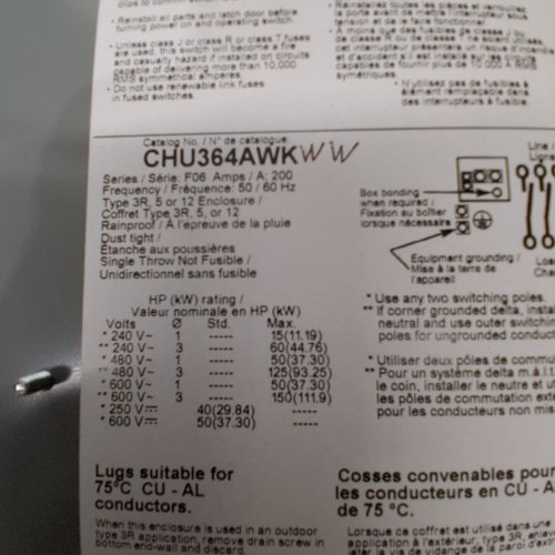 SQUARE D HEAVY DUTY F06 SERIES 3 POLE SAFETY SWITCH - 200A 600V - GREY (MODEL: CHU364AWK) image 4