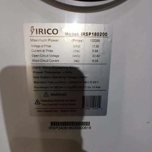 IRICO MONOCRYSTALLINE SOLAR PANEL - 100W, 17 V - 35.8" X 23.6" X 1.2" - BLACK (MODEL: IRSP180200) image 2