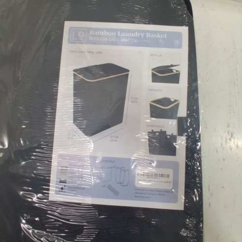 LONBET DOUBLE LAUNDRY HAMPER WITH LID & REMOVABLE BAGS - 150L CAPACITY - 28"X22"X15" - BLACK/BAMBOO image 2