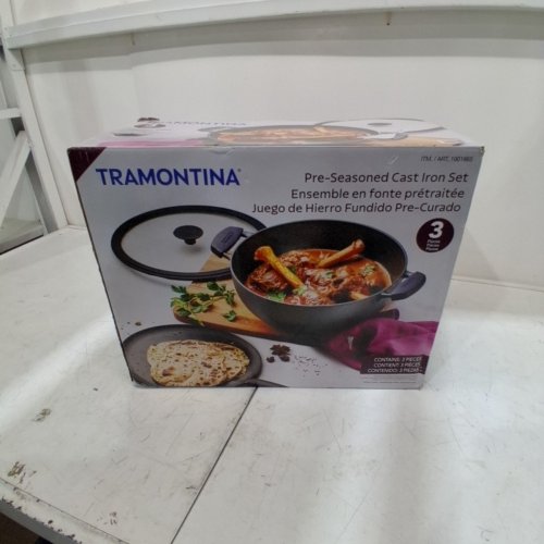 3PC TRAMONTINA PRE-SEASONED CAST IRON DEEP KADAI AND FLAT TAWA COOKWARE SET - 7QT / 11" - BLACK (MODEL: 1901865) image 2