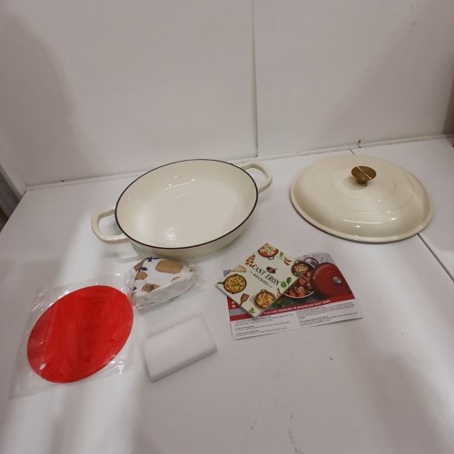 OVERMONT CAST IRON BRAISER ENAMELED COOKWARE WITH LID - 3.8QT - CREAM WHITE image 2