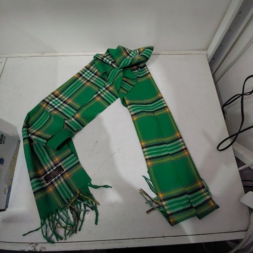 100% CASHMERE MADE IN GERMANY SCARF WITH TASSELS - 13.5" X 70" - GREEN/YELLOW/BLACK PLAID image 3