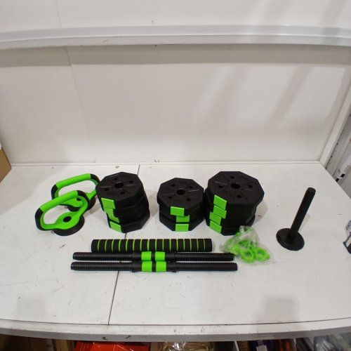 17PC ELITEEDGE 4-IN-1 ADJUSTABLE DUMBBELLS SET - UP TO 38.5 LBS - CONVERTS TO BARBELL/KETTLEBELL/PUSH-UP STAND - BLACK/GREEN image 2
