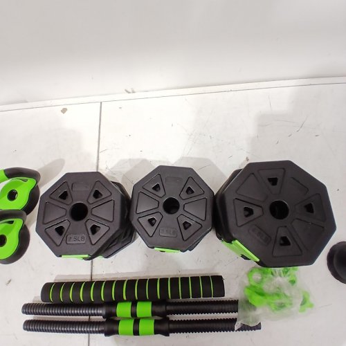 17PC ELITEEDGE 4-IN-1 ADJUSTABLE DUMBBELLS SET - UP TO 38.5 LBS - CONVERTS TO BARBELL/KETTLEBELL/PUSH-UP STAND - BLACK/GREEN image 3