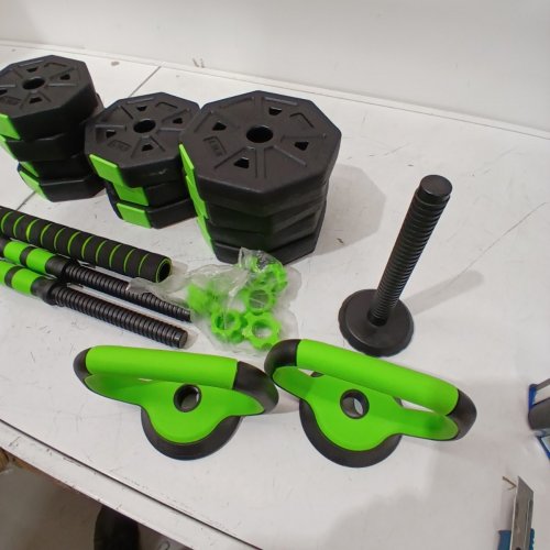 17PC ELITEEDGE 4-IN-1 ADJUSTABLE DUMBBELLS SET - UP TO 38.5 LBS - CONVERTS TO BARBELL/KETTLEBELL/PUSH-UP STAND - BLACK/GREEN image 4