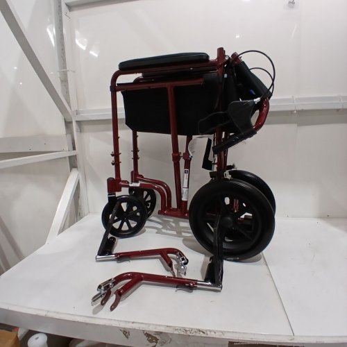 MEDLINE BASIC ALUMINUM TRANSPORT WHEELCHAIR - 19" - 12" REAR WHEELS WITH BRAKES - 300LBS CAPACITY - RED (MODEL: MDS808210ARE) image 2