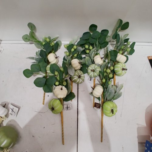 6 DECORATIVE PUMPKIN FLORAL PICKS - GREEN AND WHITE image 2