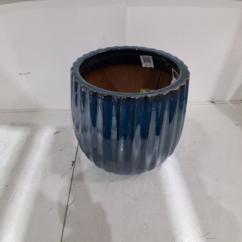 ROUND GLAZED CERAMIC PLANTER - 14" - BLUE image 2