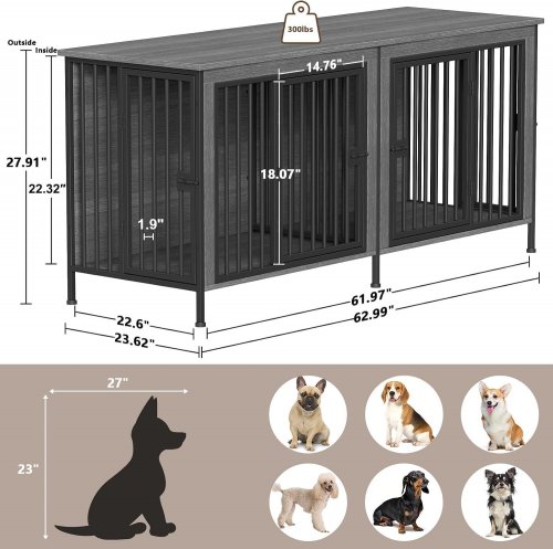 EASYCOM FURNITURE DOG CRATE TV STAND WITH DIVIDER - 63" X 24" X 28" - GRAY - (MODEL: PS-DC102M-GY) image 2